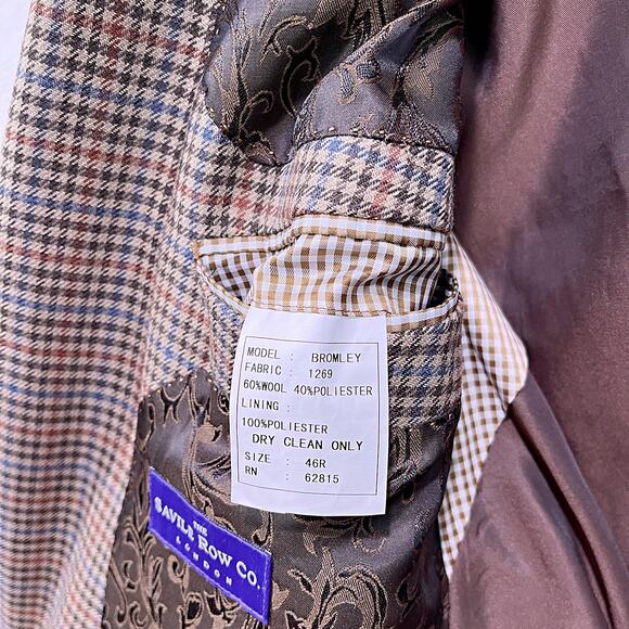 Saville Row London Wool Tweed Sport Coat Brown Houndstooth Check Mens 46R - Picture 7 of 7